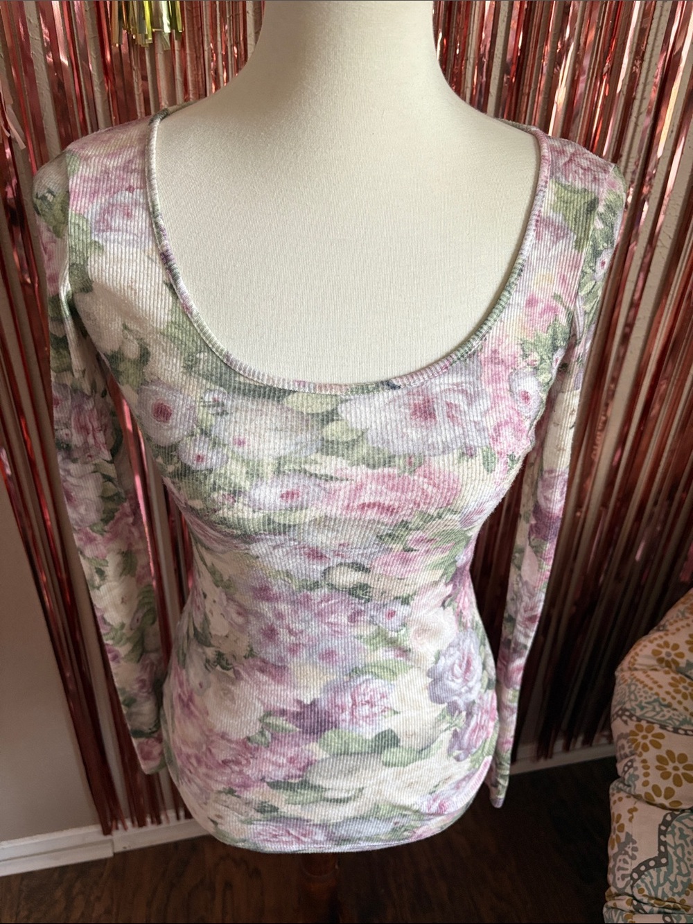 Kirra Floral Ribbed Long Sleeve Top in Pink and Green